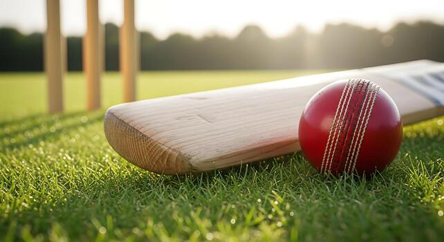 cricket ball and bat on grass photo